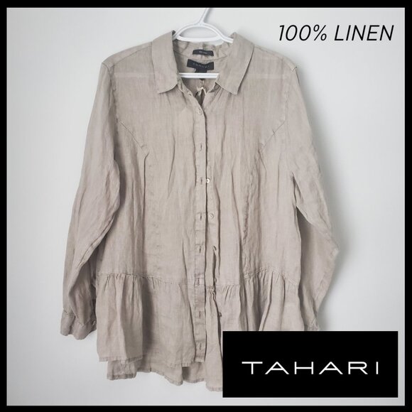 New TAHARI 100% Linen Blouse Women's Plus Size 1X Ruffle Neutral Flowy Loose Fit - Picture 1 of 10